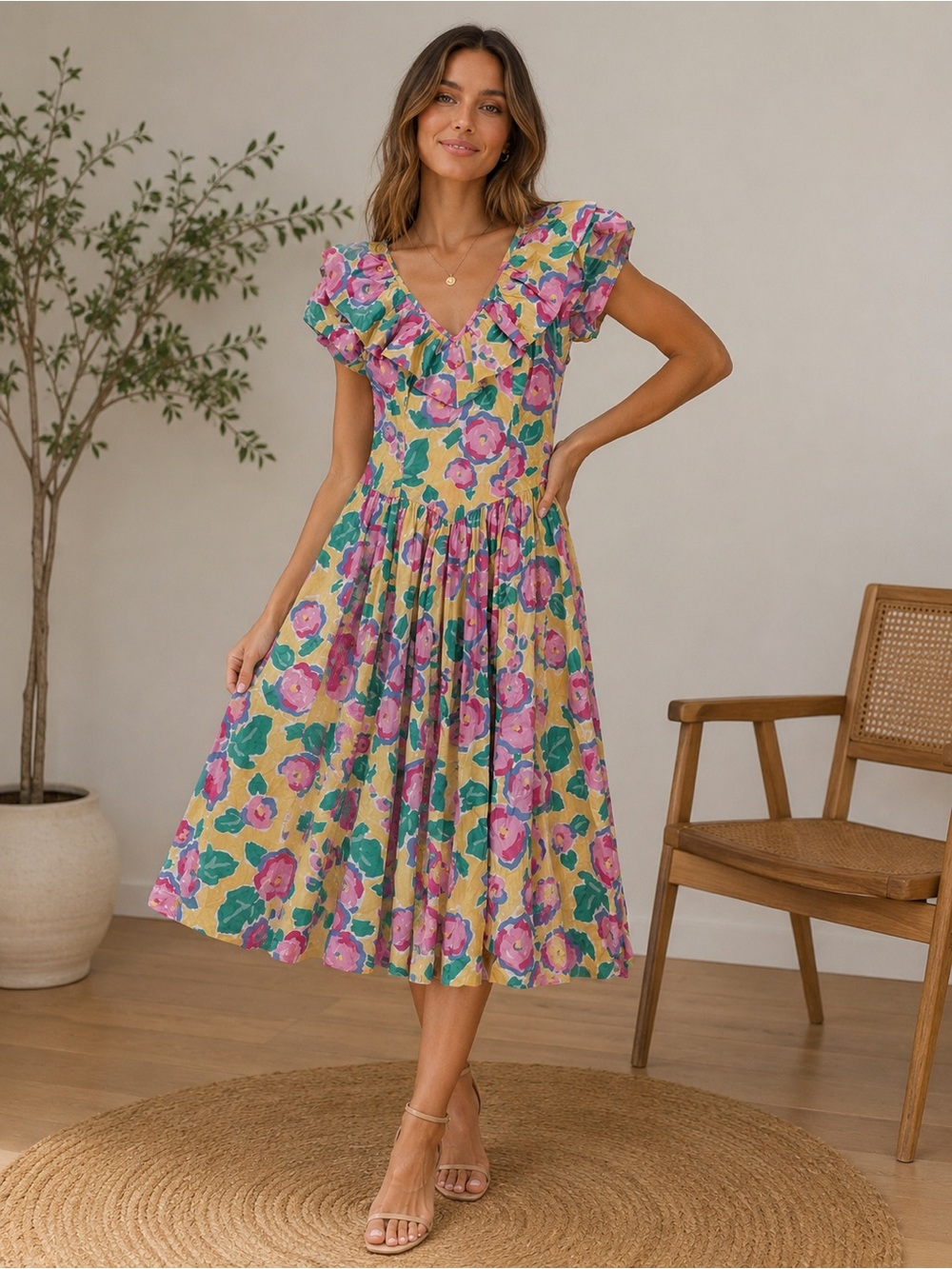 Laura Ashley Yellow Midi Dress with Pink and Green Floral Print